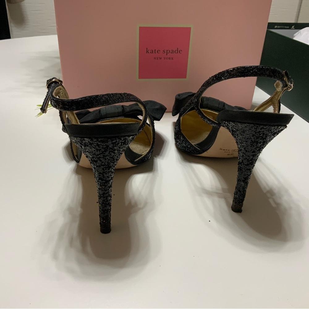Kate Spade Sheela Black Glitter with Silk Bow Sling back heels - Picture 3 of 5